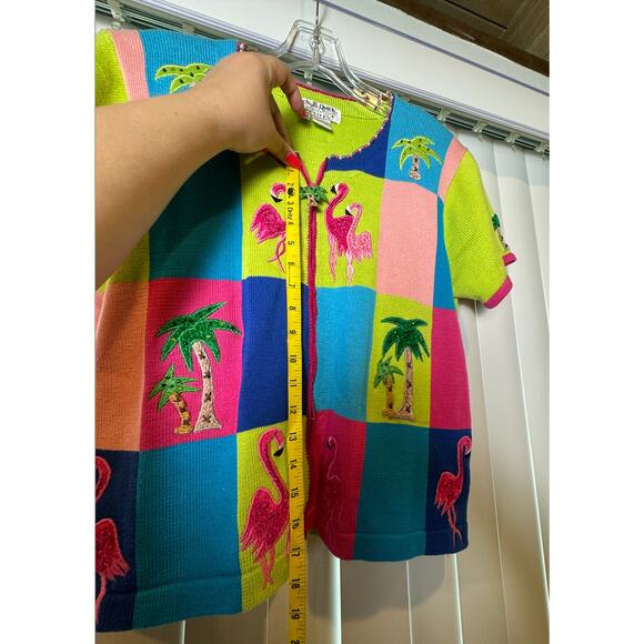 Vintage Jack B Quick Cardigan Sweater Flamingos & Palm Trees Short Sleeve ZipUp - Picture 13 of 16